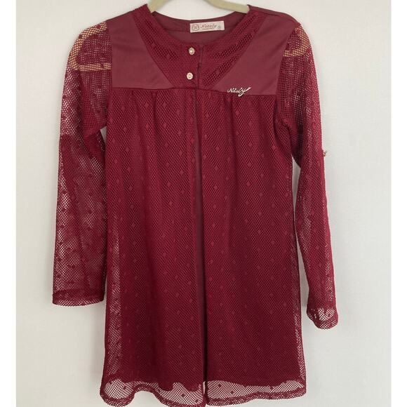 Nataly Collection Girls 16 Burgundy Mesh Swiss Dot Long Sleeve Formal Dress - Picture 1 of 10